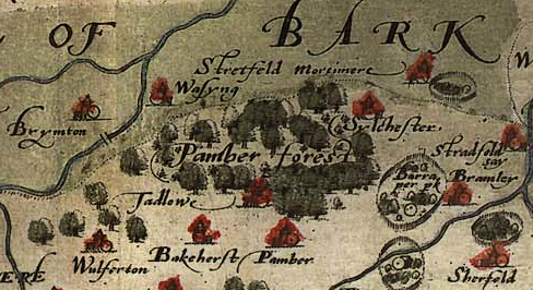 A section of an old map from around the year 1575 showing the extent of Pamber Forest illustrated by faded green trees, surrounded by other settlements, and other red coloured signs.